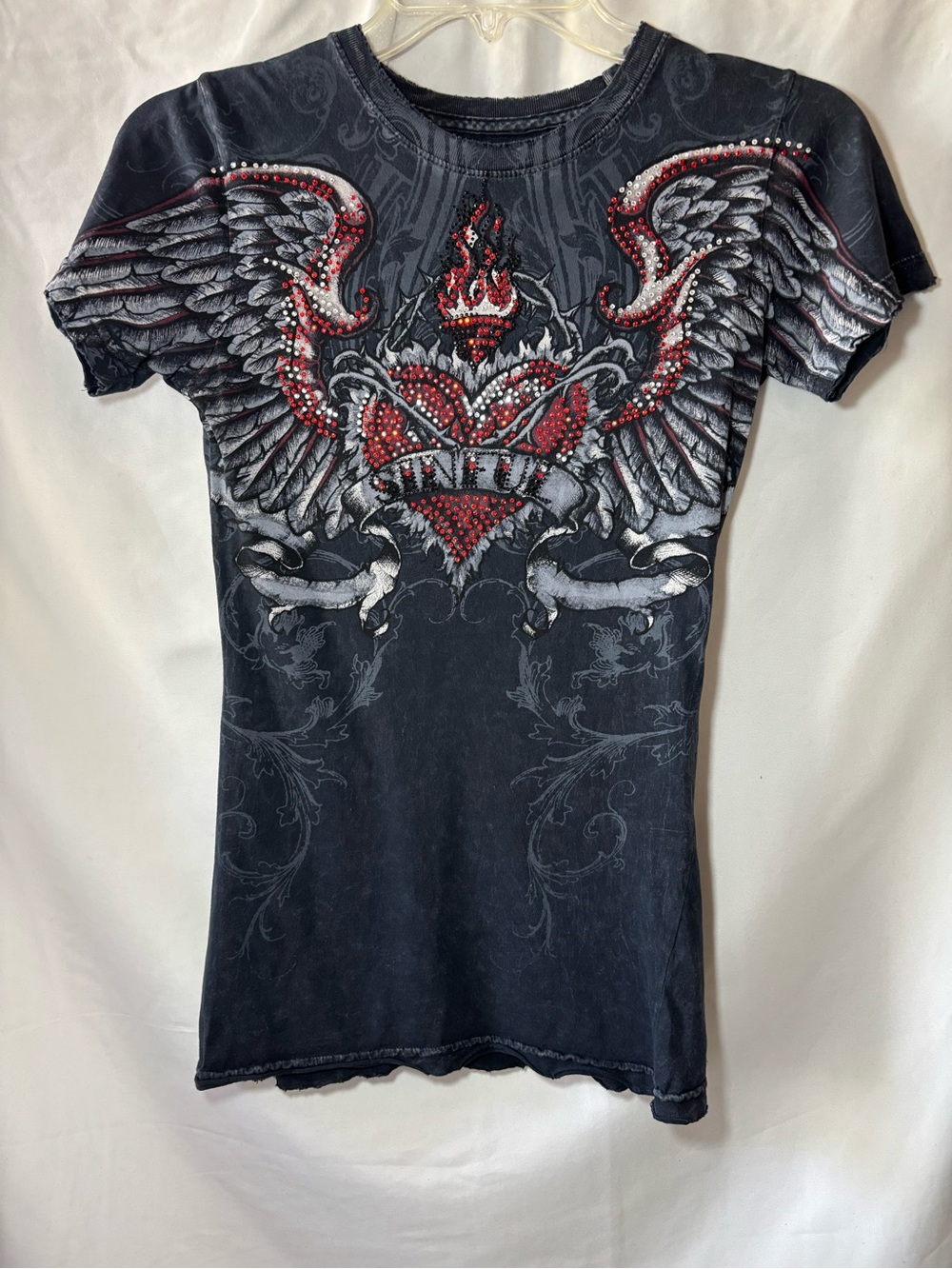 VTG Sinful by Affliction Sacred Heart Angel Wings Rhinestone Graphic Tee, Small